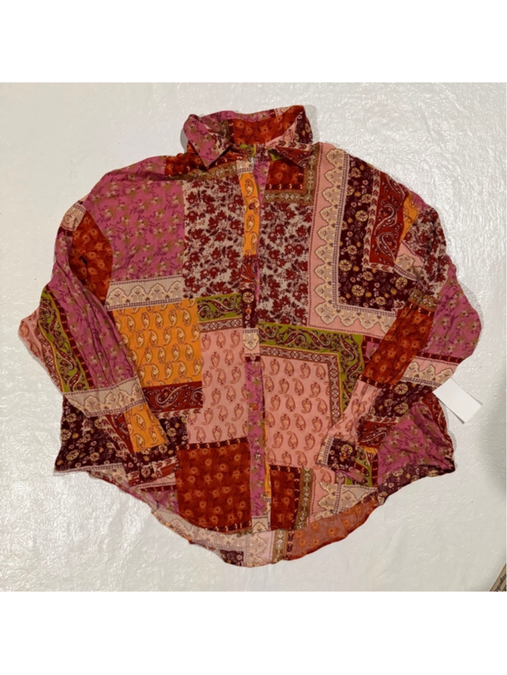 Aura Women Paisley Patchwork Button-Up Shirt Boho Bohemian Top Small NWT